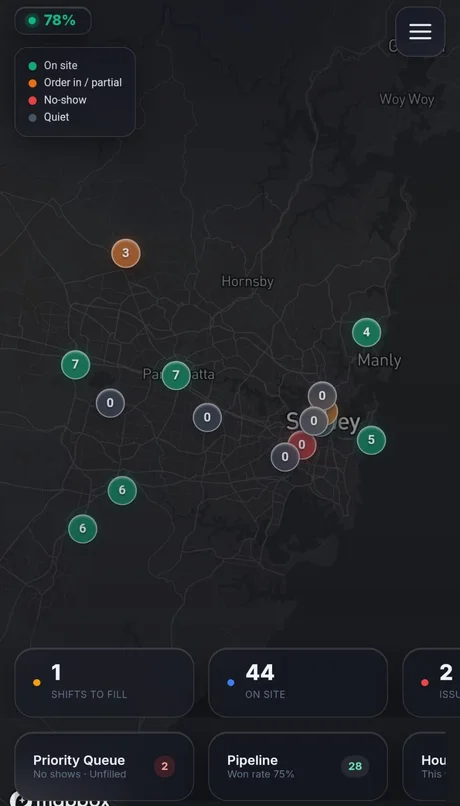 OnCrew Command Centre on a phone — the live dispatch map and key stats in your pocket