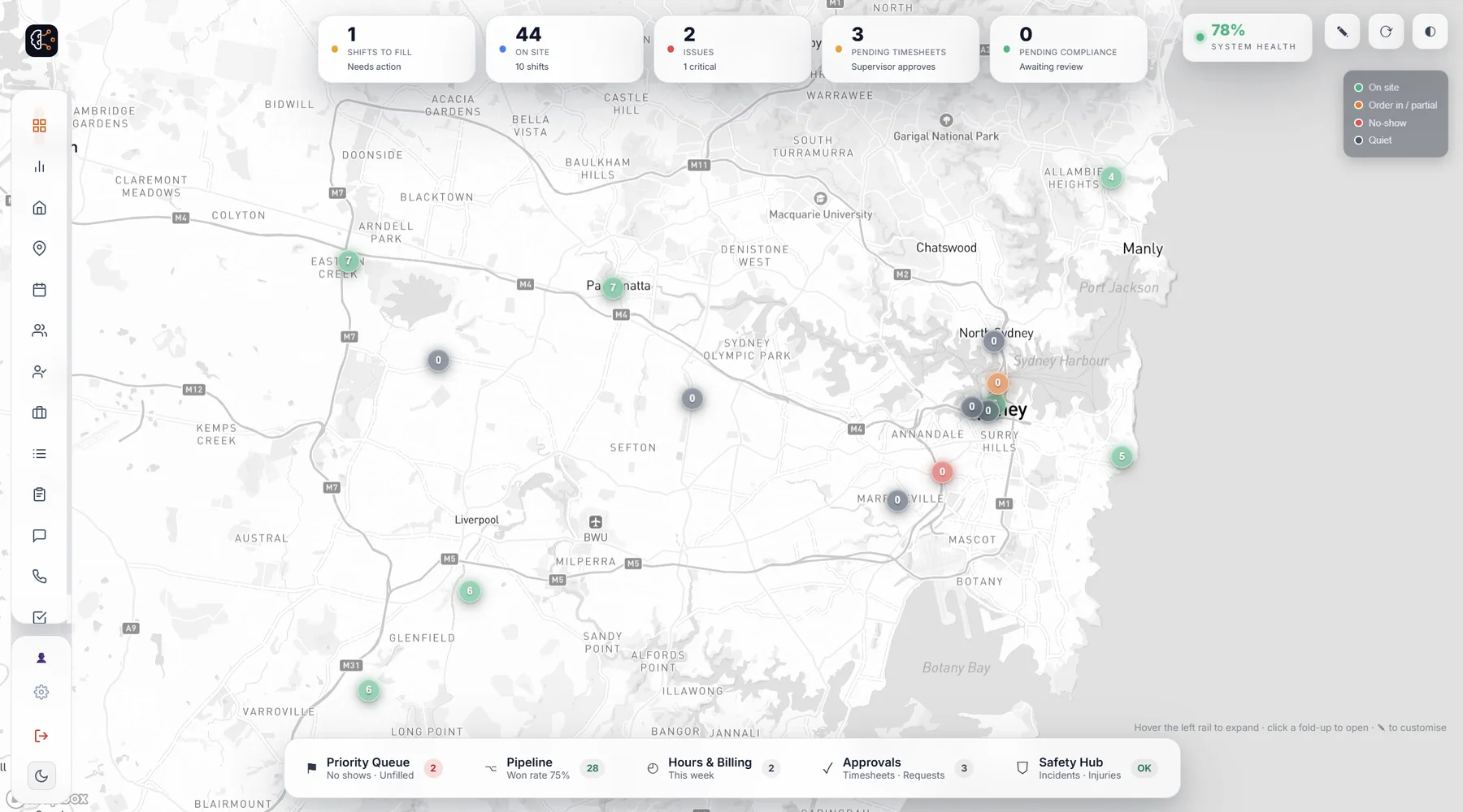 OnCrew Command Centre — a live dispatch map of Sydney showing crews on site, a no-show flagged, shifts to fill and system health